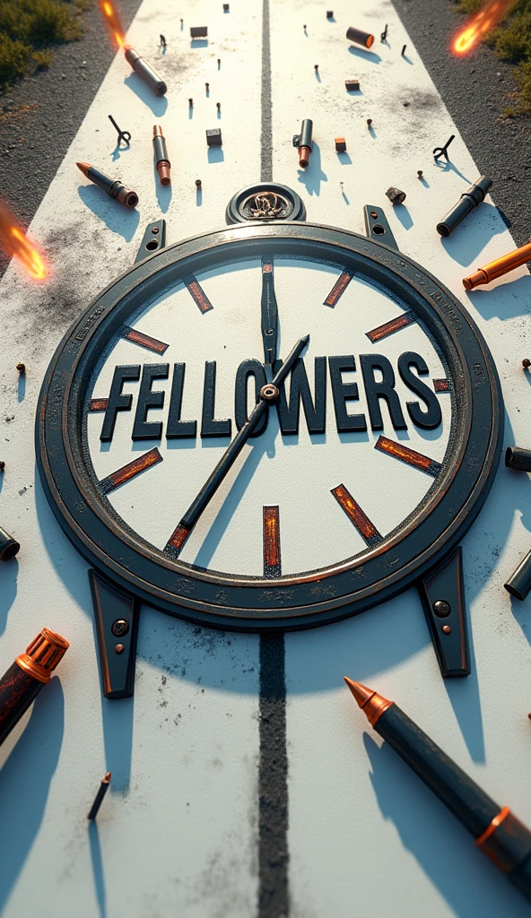 There is a title "FELLOWERS" on a big watch painted on the white road. Guns, swords, explosive elements in the background of the title. Blurry bullets passing over the title "FELLOWERS". A 3D, aesthetic, Sci-Fi Poster.