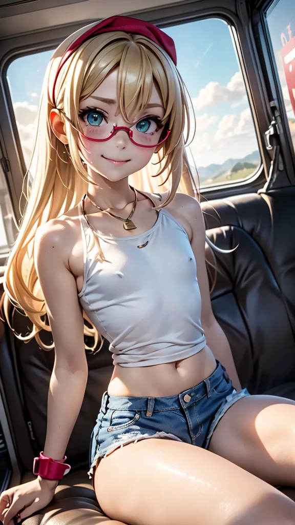 childish, sassy, skinny, freckled, blonde girl, green eyes, flat chest, pert butt, red cap, sunglasses, thick necklace, wristband, blue tank top, micro denim shorts, red sneakers, cheeky smile, sitting in the passenger seat, in the cabin of a truck, ecchi anime, Takei Hiroyuki style, cinematic, dramatic, POV, dynamic view, full body,