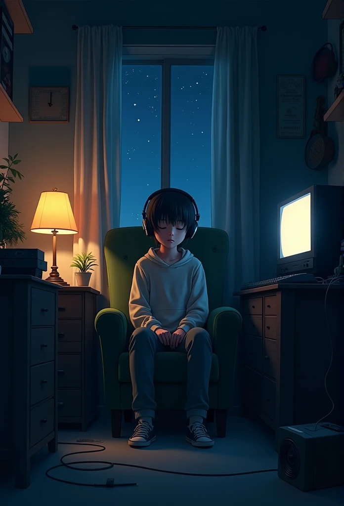 night、Listen to music in a cozy room, Use headphones, 2D Style Anime, Lo-Fi, hard disk, Dark Environment