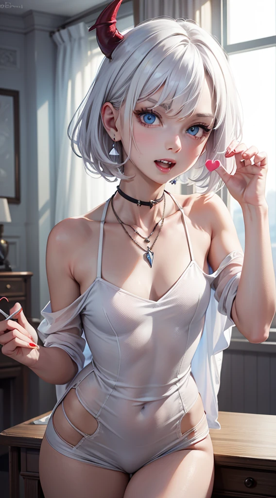 ((((masterpiece, best quality, high resolution)))), (1girl:1.5), ((short hair, white hair, red eyes, earrings, choker)), (medium breasts:1.2), blush, (light smile, parted lips), glow, thighs, bare shoulders, collarbone, narrow waist, (slender body figure), cleavage, (beautiful detailed face, beautiful detailed eyes), ((satin nightgown, thin material)), (standing up), looking at viewer, nighttime, bedroom