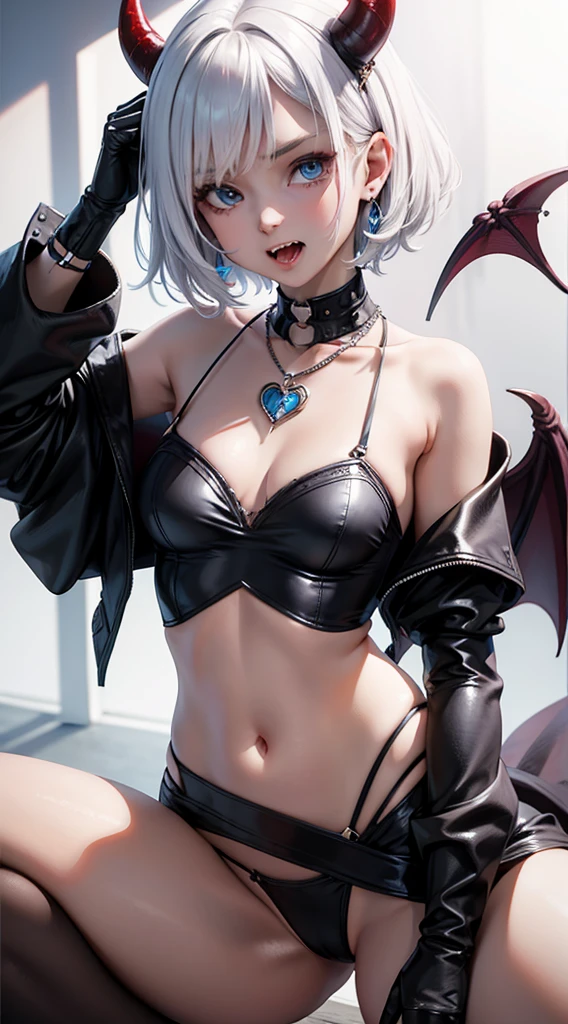 masterpiece, best quality, 1 Girl,small,Small Breasts,short hair,White hair,Sharp Teeth,Fangs,Necklace,blue eyes,heart shaped student,Devil's Horns,blush,(outdoor,pavement,traffic light,Road signs),Looking at the audience