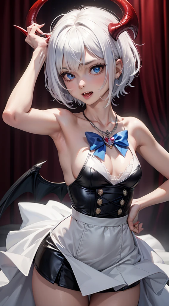 masterpiece, best quality, 1 Girl,small,Small ,short hair,White hair,Sharp Teeth,Fangs,Necklace,blue eyes,heart shaped student,Devil's Horns,blush,(outdoor,pavement,traffic light,Road signs),Looking at the audience