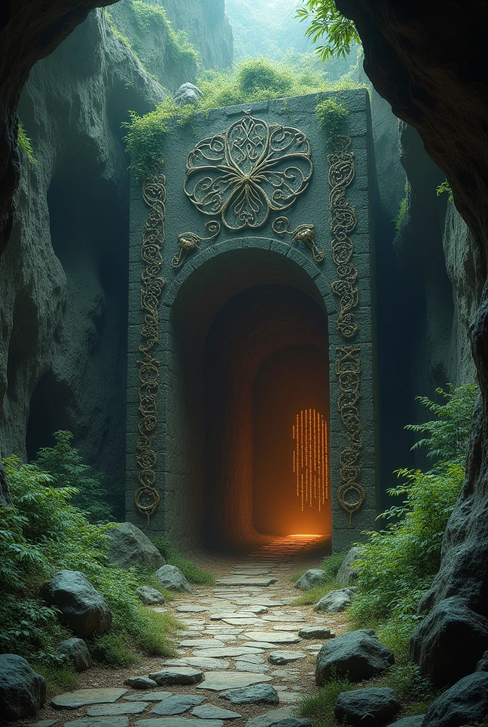 A mysterious cave, with ancient symbols carved into the walls and an eerie glow coming from within.