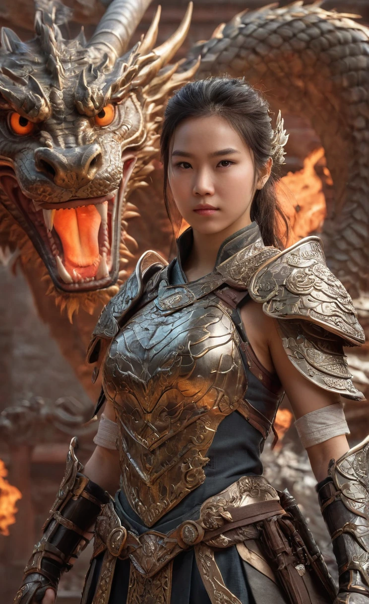 Ultra-high resolution,High-resolution details,photo (Female warrior with Chinese dragon in the background), full-body shot,20 years old woman,delicate and pretty,Very detailed, 8K, illustration, Concept Art, Clear focus, Volumetric Lighting, Epic creation