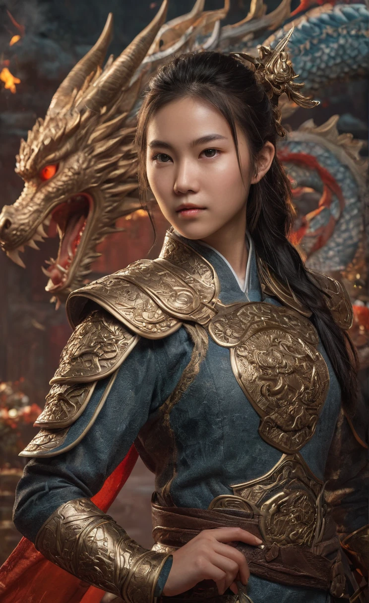 Ultra-high resolution,High-resolution details,photo (Female warrior with Chinese dragon in the background), full-body shot,20 years old woman,delicate and pretty,Very detailed, 8K, illustration, Concept Art, Clear focus, Volumetric Lighting, Epic creation