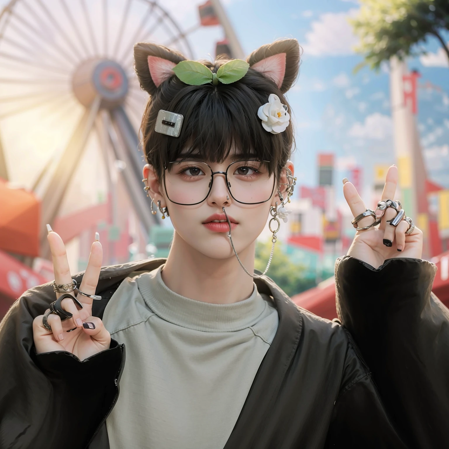 8k resolution, thick brows, pores, realistic, glossy skin, no lashes, high quality, high display, Korean Boy, smooth hair, finger peace sign