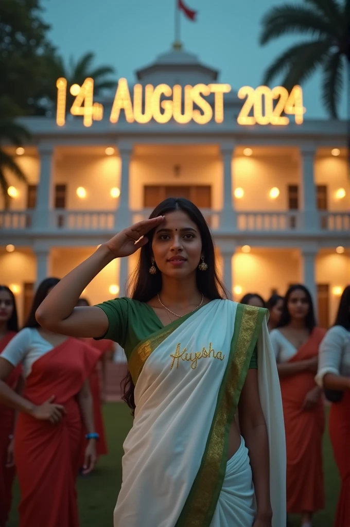 In a college campus, 20-year-old Ayesha (spelled A-Y-E-S-H-A) leads a group of students in saluting the national flag as it's being hoisted. Ayesha is wearing a crisp white saree with a green border. Her blouse has "AYESHA" printed in elegant gold letters. The college building behind is adorned with lights forming "14th August 2024". 4K image.

