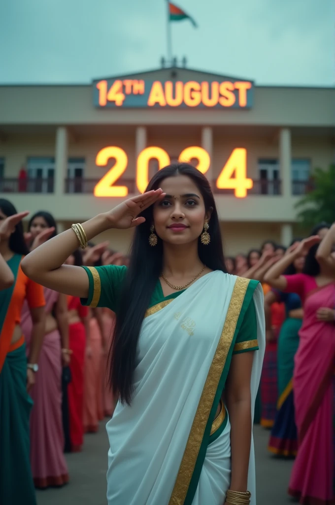 In a college campus, 20-year-old Ayesha (spelled A-Y-E-S-H-A) leads a group of students in saluting the national flag as it's being hoisted. Ayesha is wearing a crisp white saree with a green border. Her blouse has "AYESHA" printed in elegant gold letters. The college building behind is adorned with lights forming "14th August 2024". 4K image.

