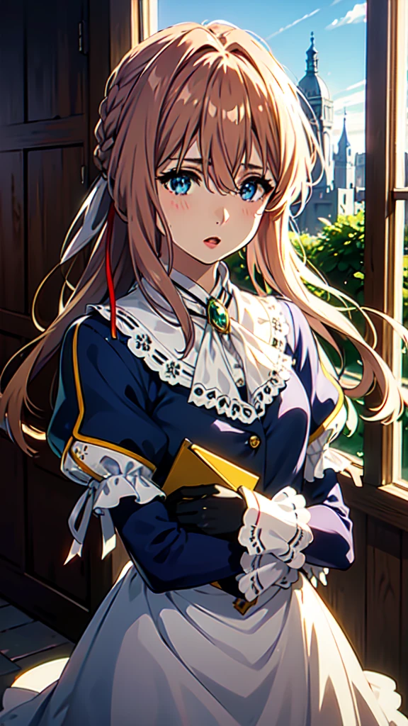 violet, 1girl, solo, long hair, looking at viewer, open mouth, blue eyes, blonde hair, gloves, long sleeves, ribbon, holding, hair between eyes, jewelry, jacket, hair ribbon, upper body, parted lips, red ribbon, ascot, hair intakes, blue jacket, brooch, brown gloves, letter, white ascot, envelope, holding letter,