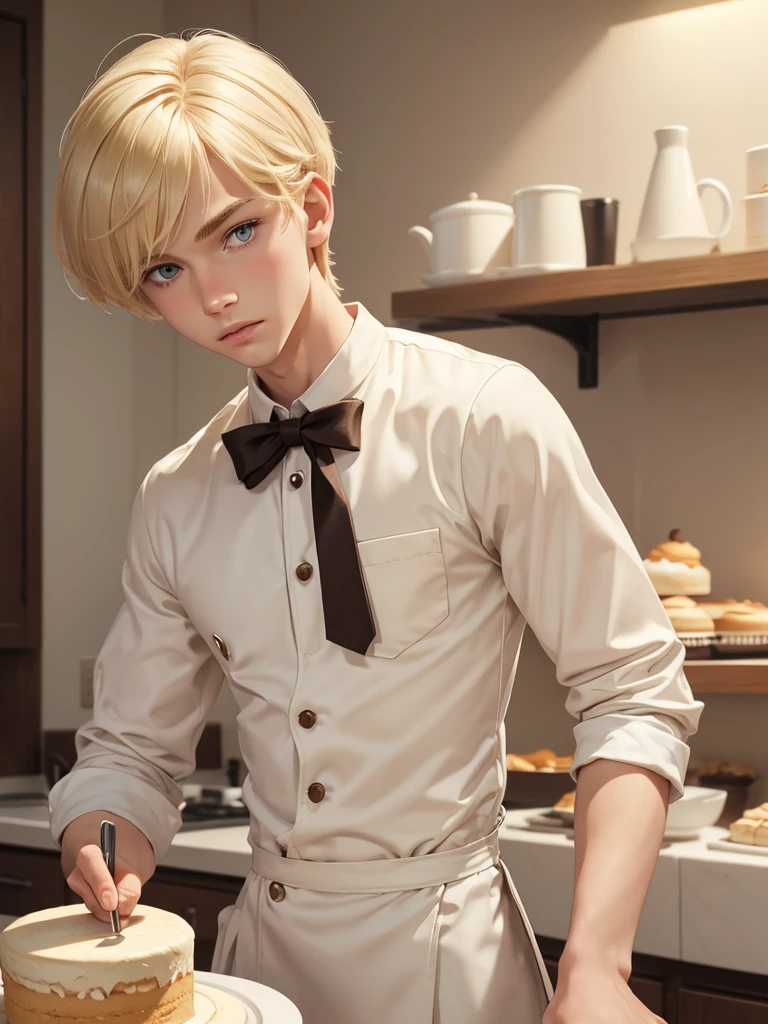 (best quality), 1boy, male, porcelain skin, blonde hair, short hair, straight hair, swept bangs, brown eyes, perfect eyes, patissier uniform, skinny body, masterpiece, anatomically correct, highres