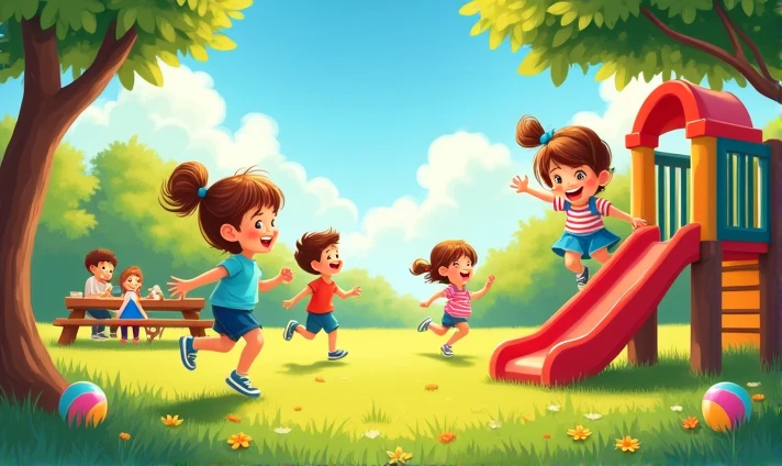 The image captures a vibrant and joyful scene of a park full of life and fun.. Em primeiro plano, a group of children are engaged in various activities, showing a variety of expressions and emotions that reflect the pleasure and energy typical of childhood.
En el centro de la imagen, a group of four children are having fun on a colorful playground. A girl with brown hair tied in a high bun is hanging from a red slide, with a radiant smile and arms stretched high, as he prepares to slide down. next to her, a boy in a green t-shirt and jeans is climbing the stairs of the slide with a look of concentration and enthusiasm.
Mais adiante, a child is playing with a colorful ball. The brown-skinned boy is running, with the blue and yellow ball in hand, his face lit up with a great expression of joy. A little in the background, one in a pink dress is bouncing on the trampoline, her dress swaying to the rhythm of her jumps, while your friend next door, with a blue t-shirt, watches her with an amused look.
Ao fundo da cena, a family is having a picnic under the shade of a large tree. Children are running around a well-kept lawn area, where the vibrant green of the lawn contrasts with the bright colors of the children's toys and clothes. the sky is clear and blue, with some scattered white clouds, and the sun shines brightly, casting a warm, soft light over the scene.
O playground, me yes, is a set of multicolored structures, including slides, swings and a sandbox. The balances are in motion, and you can see some children alternating between playing and waiting their turn.
The image is full of movement and energy, capturing the light and joyful spirit of a day in the park. The composition reflects a safe and welcoming environment, where children can express themselves and enjoy the simplicity and happiness of playing outdoors. In full
