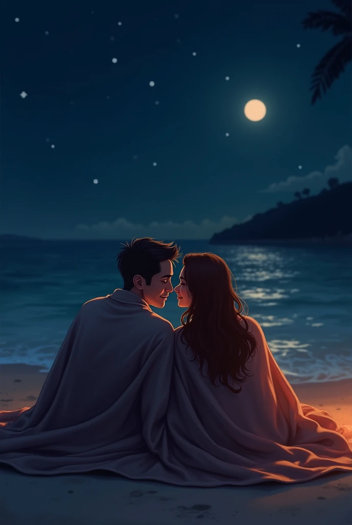 I would like to create an image where you can see a couple sitting in front of the beach at night., covered in a blanket