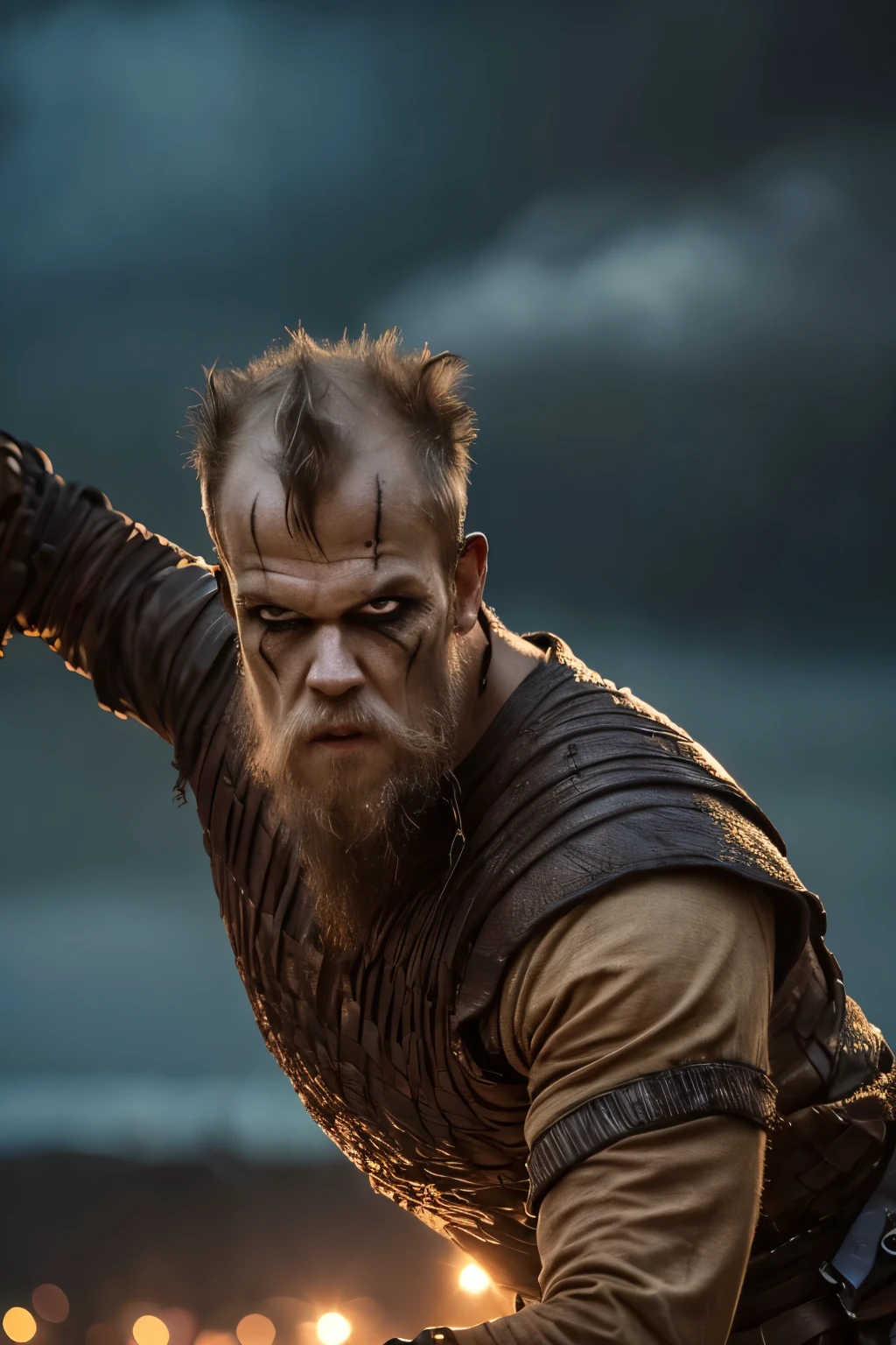 Hyper realistic, ultra detailed, cinematic posterof Floki a viking warrior, old man, 50 years old, black makeup on eyes, beard, ((action scene)), in dynamic pose, ((night, rain fall)) , ultra realistic, skin texture, cinematic lighting. (((Cinematic medieval castle and thunder background))) .