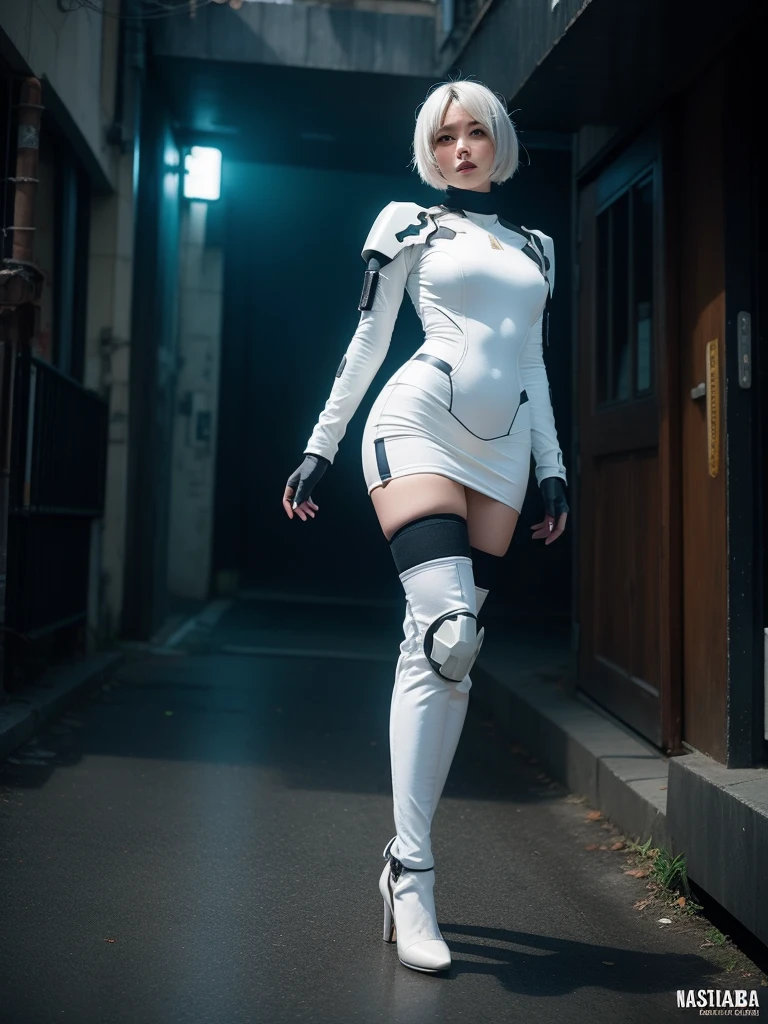 nspired,masterpieceabadon city,2b,nier automata, mecha armor, realistic, ,white suit,mecha leg,neon suit,detailed white skirt,mecha wing,