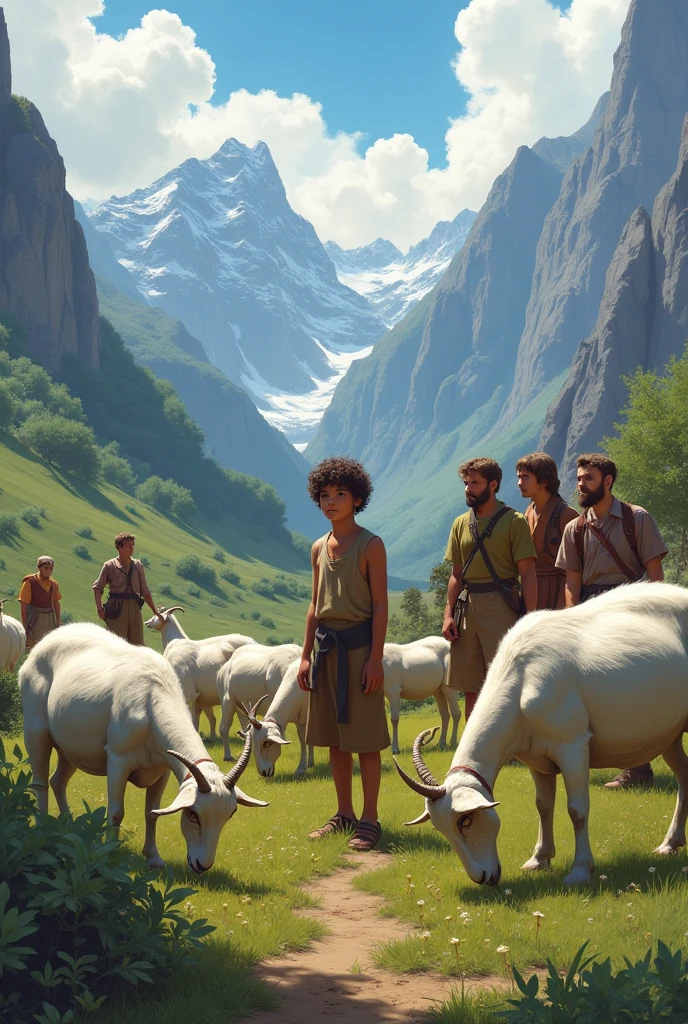 A 15 year boy grazing its goats in mountains area 
Some peoples around him they're reluctant by boys behaviour