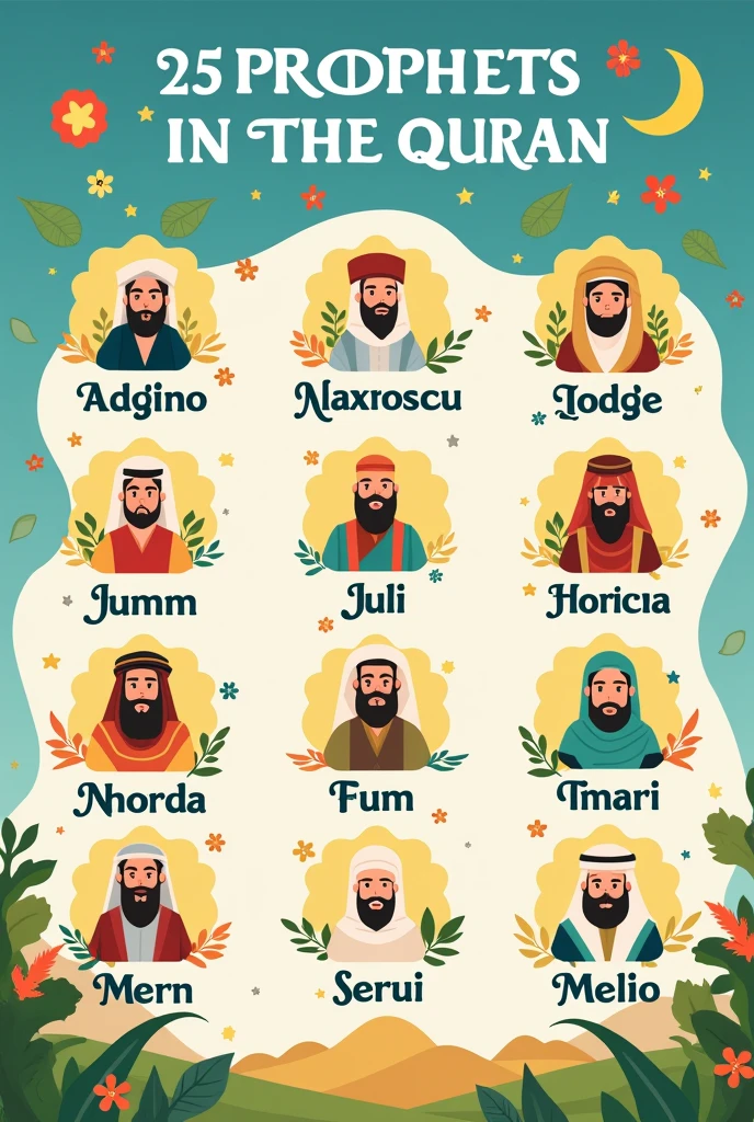 Make a poater of 25 prophets name and symbol from quran for kids in english