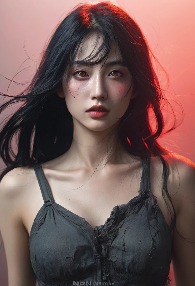 Create a hyper-realistic close-up portrait of a dark, mysterious character with pale skin, messy black hair covering one eye, and a glowing red eye. The character's face should be smeared with dirt or ash, giving them a worn, battle-hardened look. Use soft yet dramatic lighting to highlight the texture of the skin, hair, and other details, with shadows that add depth and intensity. The overall mood should be eerie and intense, with a sense of impending doom. The composition should focus on the character's face, with a slight angle to capture the glow of the red eye and the shadows cast across the features