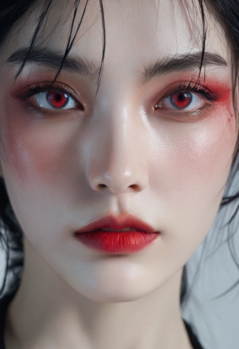 Create a hyper-realistic close-up portrait of a dark, mysterious character with pale skin, messy black hair covering one eye, and a glowing red eye. The character's face should be smeared with dirt or ash, giving them a worn, battle-hardened look. Use soft yet dramatic lighting to highlight the texture of the skin, hair, and other details, with shadows that add depth and intensity. The overall mood should be eerie and intense, with a sense of impending doom. The composition should focus on the character's face, with a slight angle to capture the glow of the red eye and the shadows cast across the features