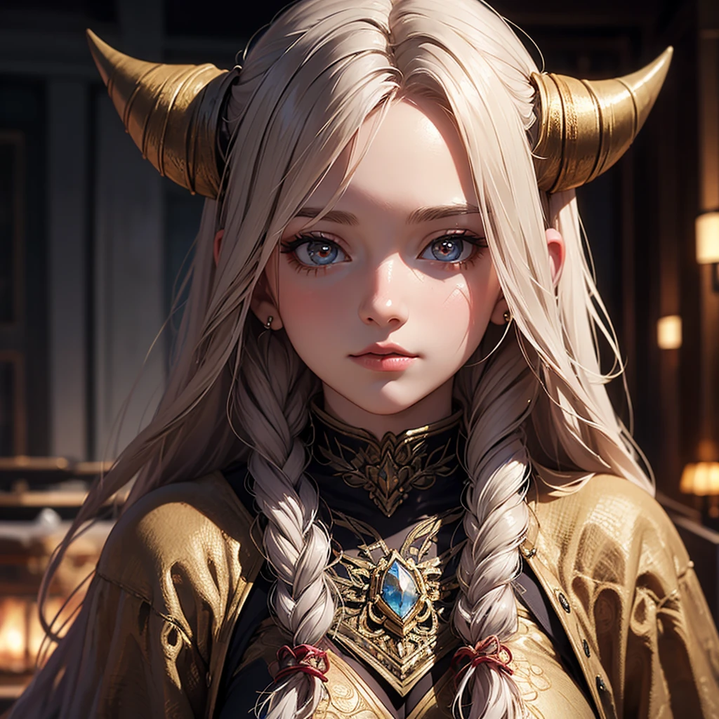 CG, Unity, 8k, wallpaper, Highest quality, masterpiece, Lovely lady, 18-year-old, (Realistic), Best lighting, Complex pupil, Intricate weaving, Detailed Background,Dwarven girl、Two horns on the head,A composition that shows the whole body,One Woman