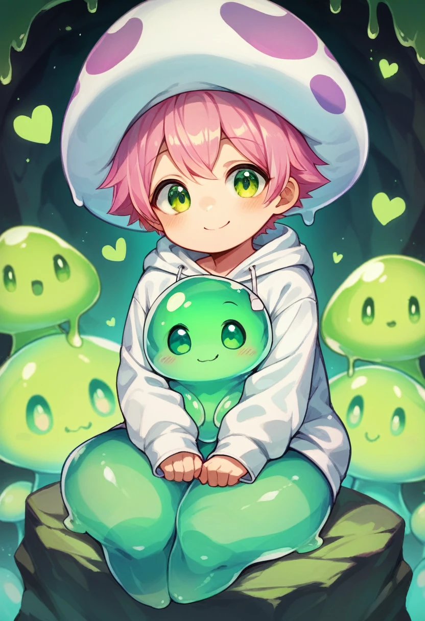 Shota, Cute, yellow slime boy, short hair with pink highlights, green heart eyes, round face, cute happy smile, sitting on rock, luminous crystal cave background, slime mushroom hat, oversized cute white hoodie, :3