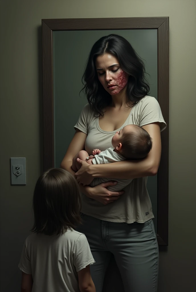 A woman stands in front of a mirror carrying a baby boy with toddle girl by her side.The reflection in the mirror is a woman who has physical abuse on her left eye, face, lips and body.