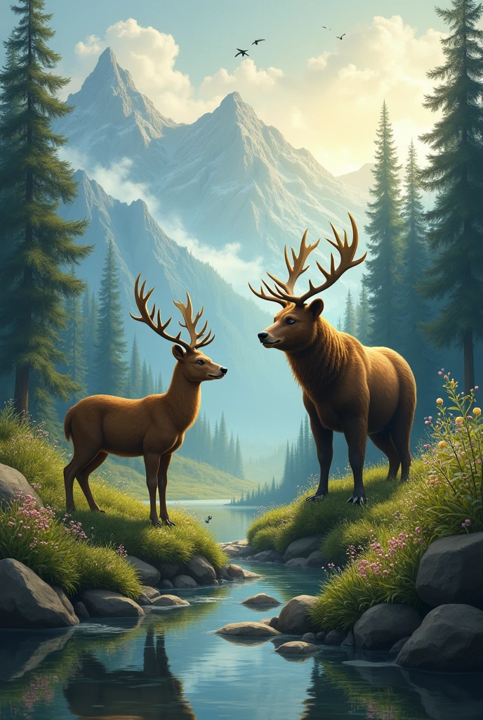 Bear,Deer,Bavaria Mountains,trees,House,water,flowers ,birds,light Touch,mystical