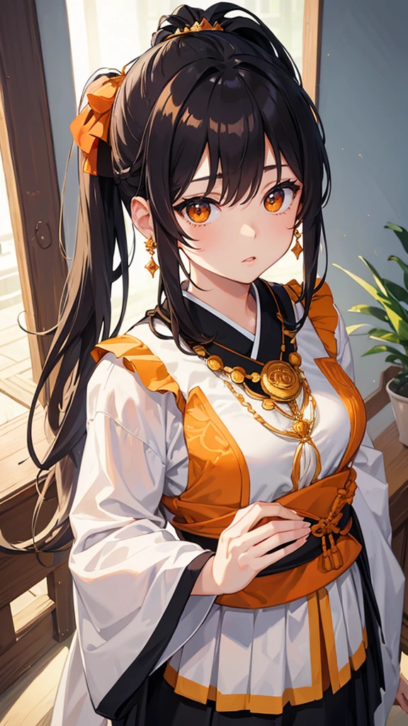 Masterpiece, a girl, Orange eyes, high detailed eyes, bluish hair, layered hair, hair or ornament, ponytail hair, earrings, necklace, white Japanese kemono,cute expression