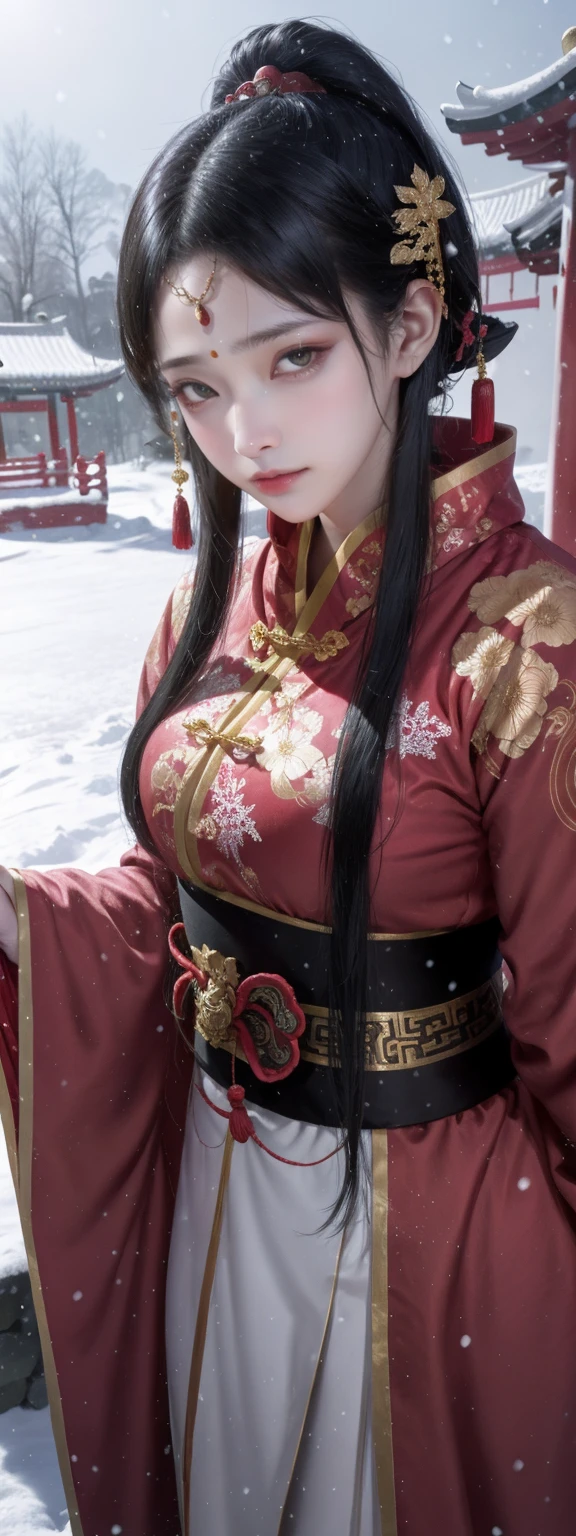 1girl,black hair,Beautiful face, Asian woman, Chinese style clothing,Red cape,upper body,outdoors,snow,snowing,solo,winter,