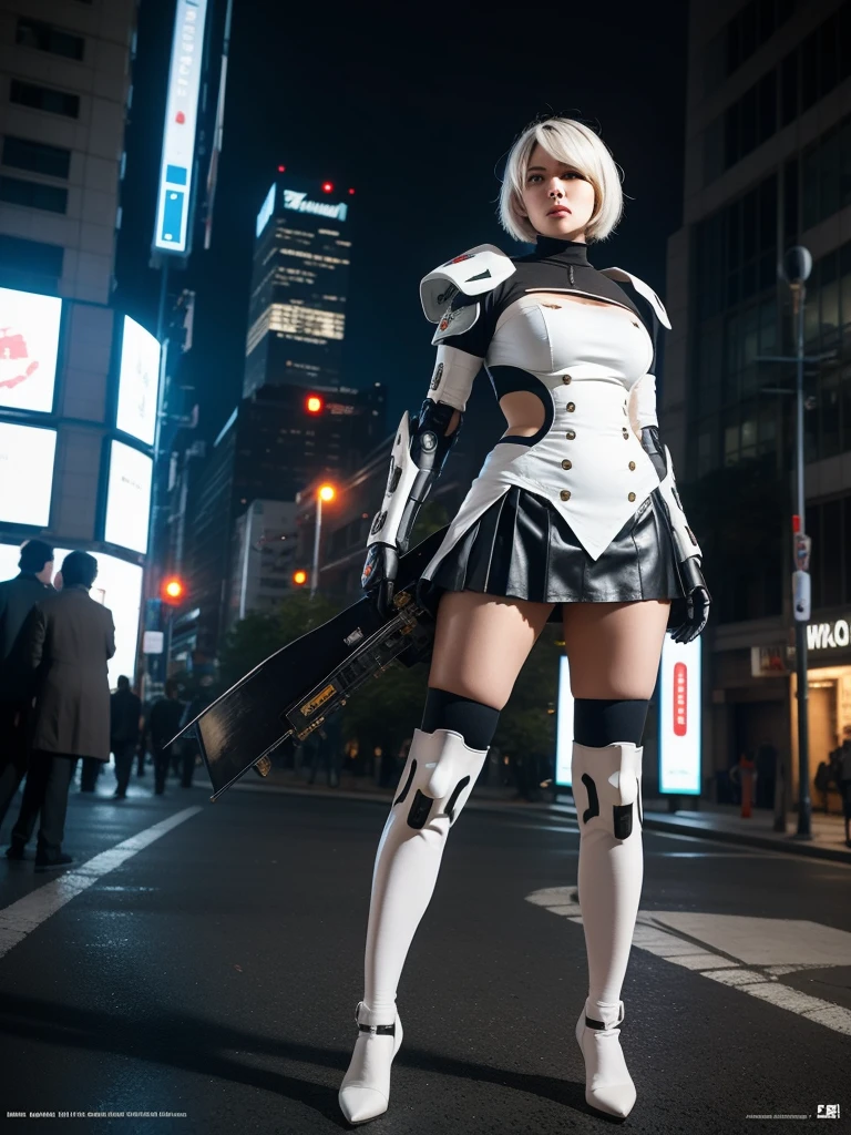 nspired,masterpieceabadon city,2b,nier automata, mecha armor, realistic, ,white suit,mecha leg,neon suit,detailed white skirt,mecha wing,