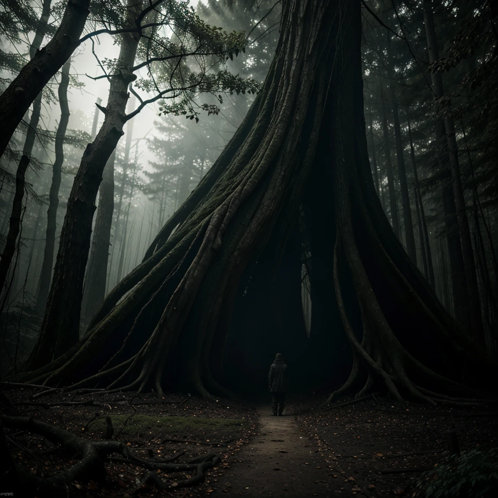 a_dark_and_ominous_forest,thick_fog,old_twisted_trees,gnarled_roots,creepy_atmosphere,dark_shadows,eerie_lighting,haunting_ambience,horror,fear,panic,dread,terror,macro_photography,hdr,8k,uhd,hyper_realistic,cinematic,dramatic