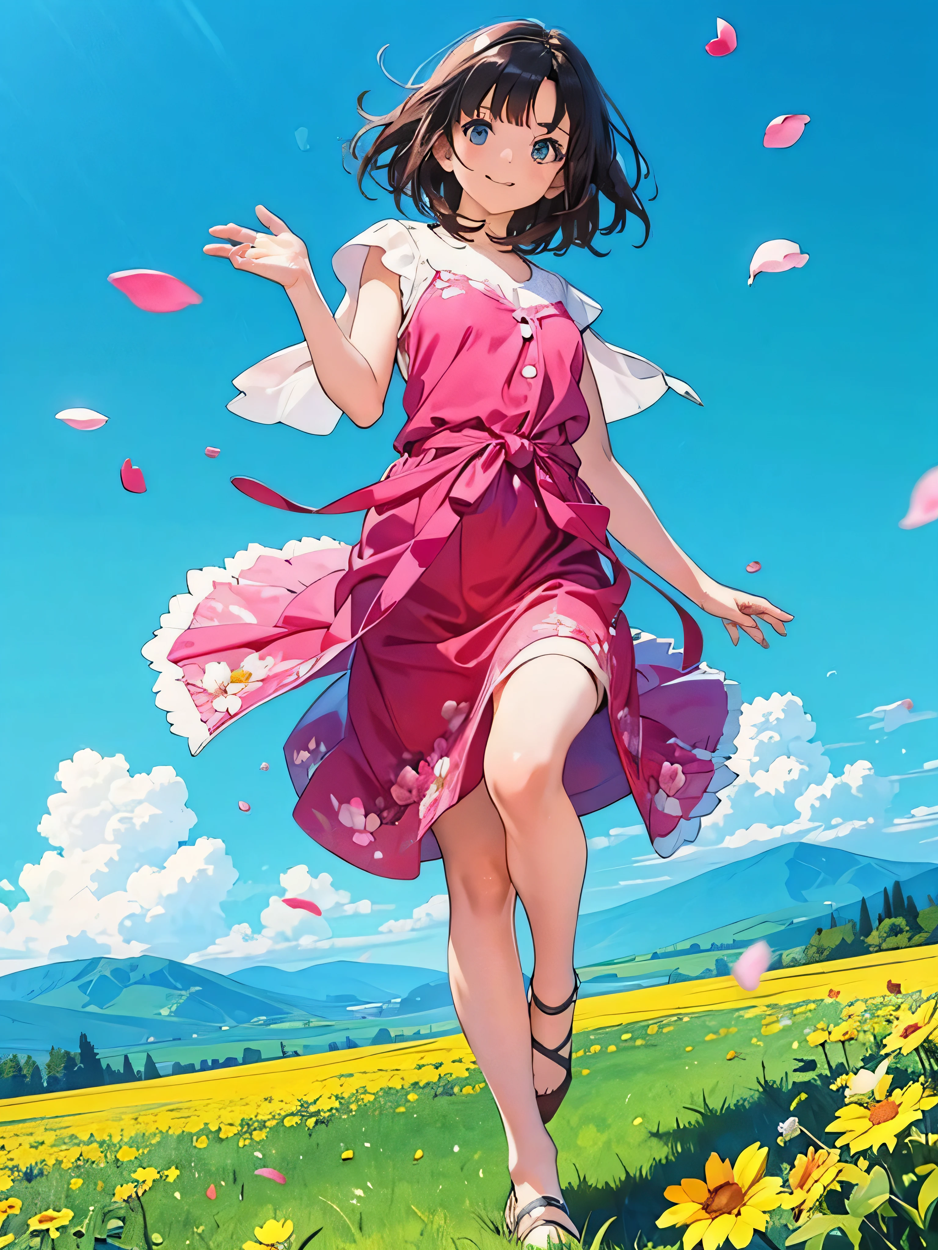 Official Art, wallpaper, Very detailed, (((Very detailed))), Realistic portraits, (high quality, masterpiece, High resolution), 8K  UHD, high quality, There is a woman, surrounded by colorful flowers, Flower Field, female portrait With flowers, Beautiful young dark-haired woman, 4K, 8k, smile, Angle from below, Anatomically correct, Dynamic, low angle , Full body photo, The wind is blowing, Dancing petals, Western, horizon, dance, Bouncing, prairie, open field, beautiful sunny day, blue sky, Raise one leg