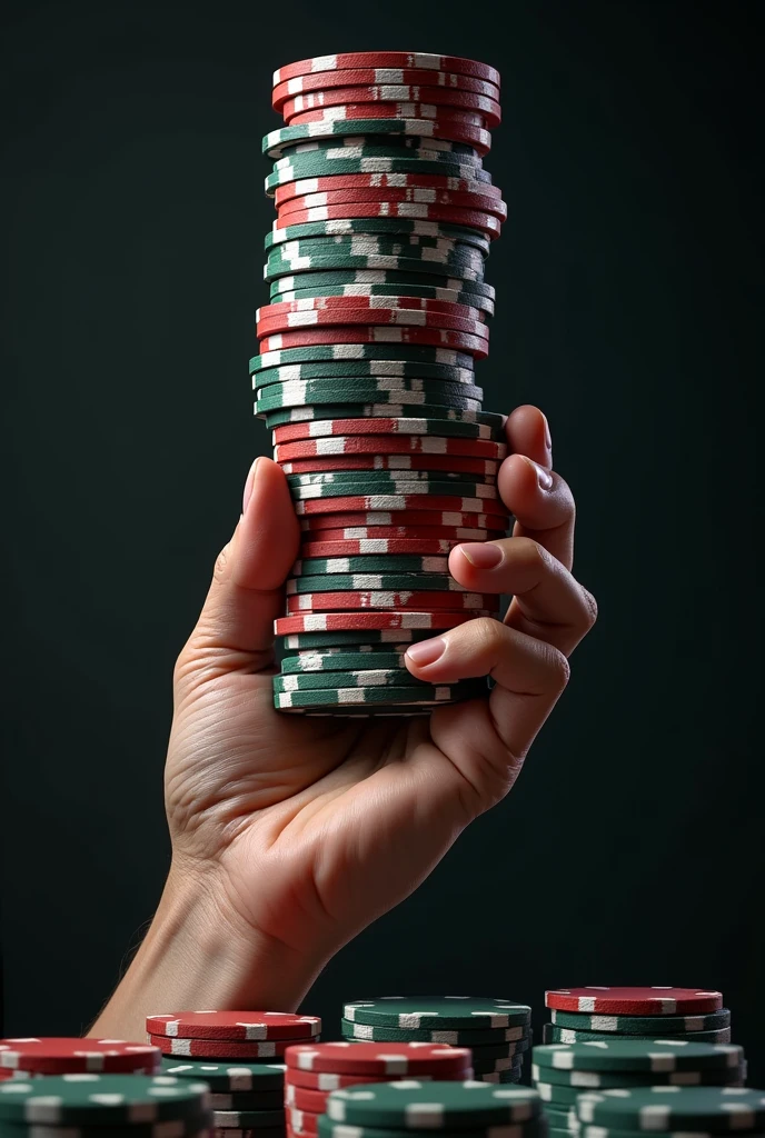 A hand holding a huge pile of poker chips。Impressive。