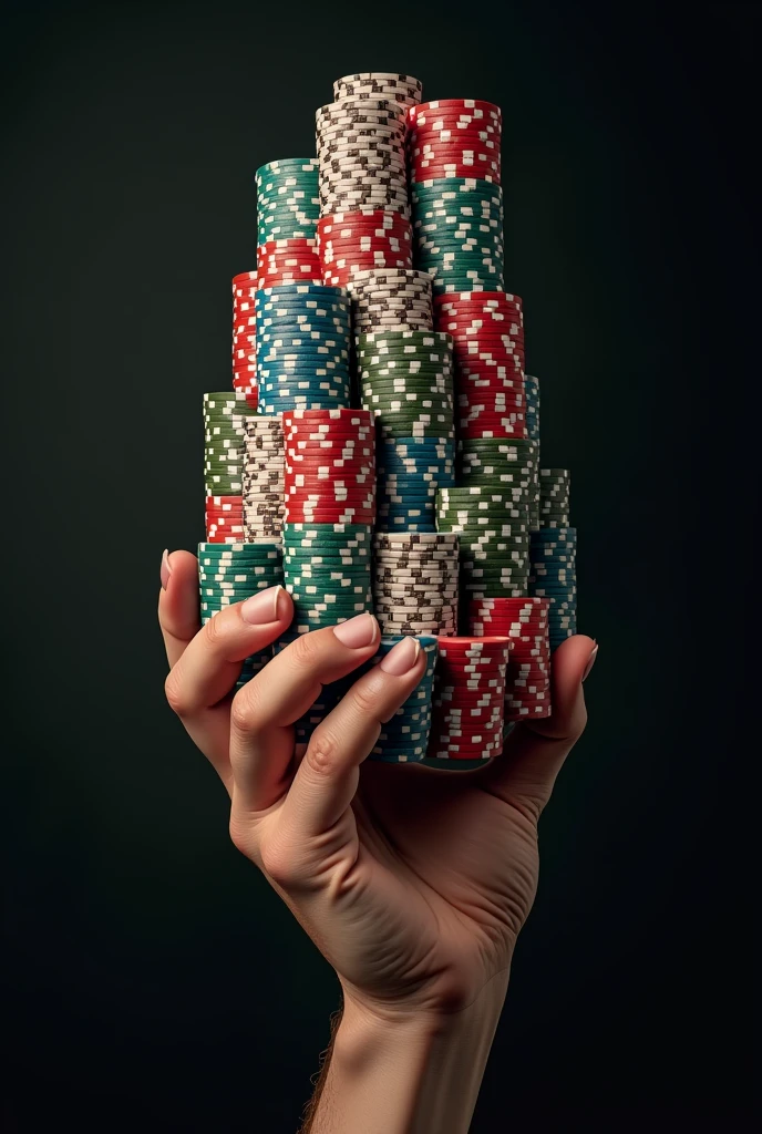 A hand holding a huge pile of poker chips。Impressive。