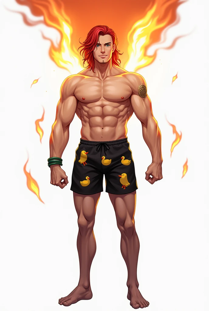 Image of fire, red-haired Loki, with slightly abs, in black swimming trunks with ducks, full hd, full length, ankle bracelet, Art, on a white background, with a twinkle in his eye, flames overhead