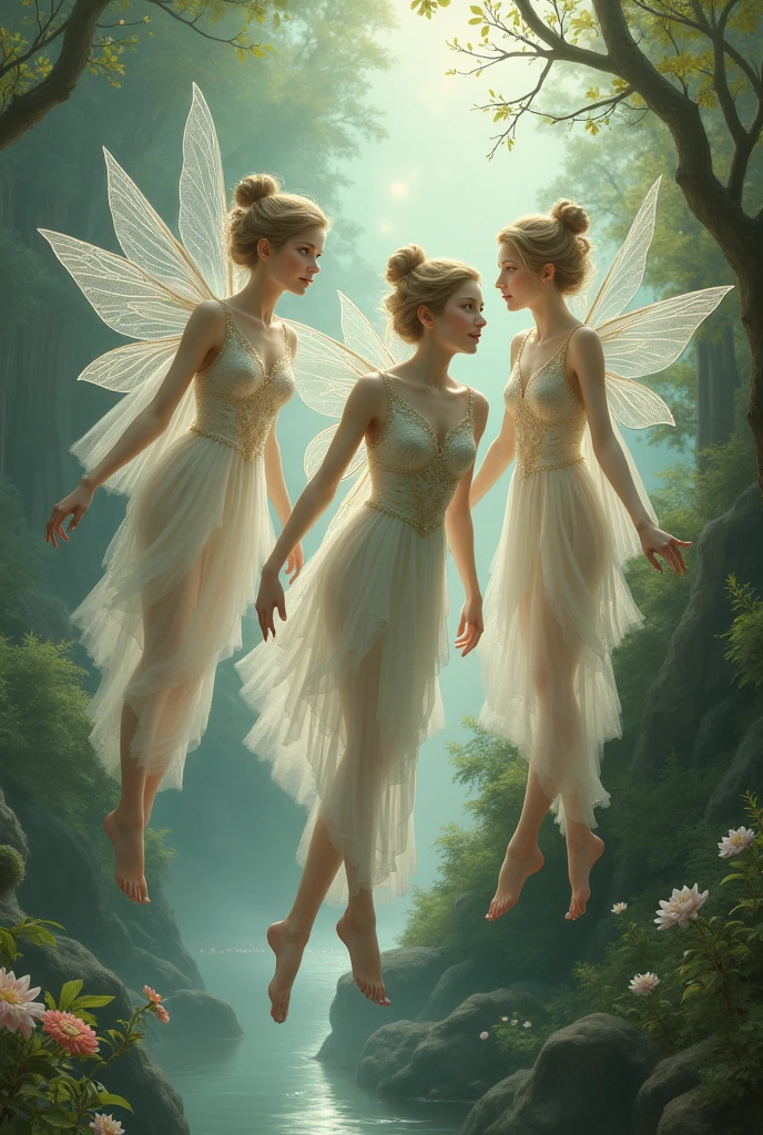 Fairy fleet, three fairies in full body covered gown, more modest dress