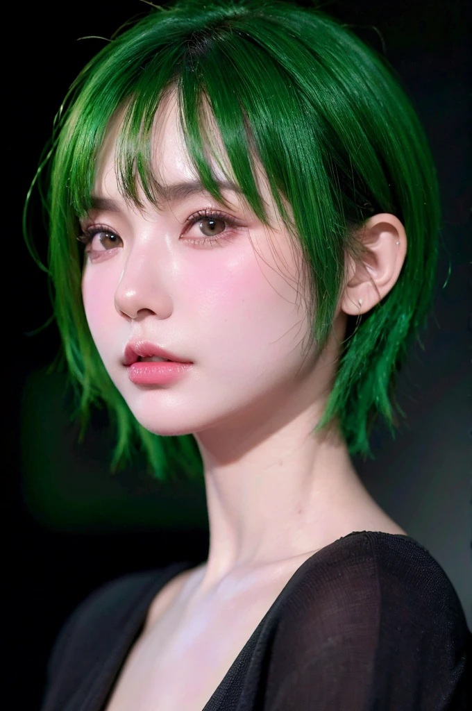 HDR, UHD,8K, face High Quality, nokiapretty, sweather, (((black background 8k))),  short hair, greenhair, from below