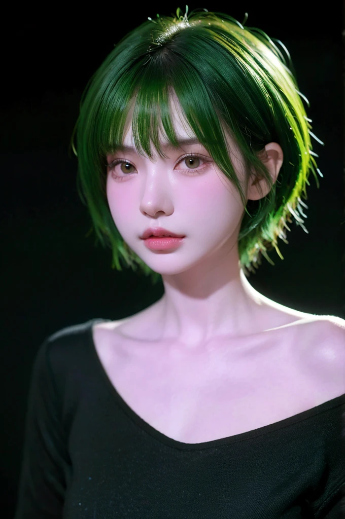 HDR, UHD,8K, face High Quality, nokiapretty, sweather, (((black background 8k))),  short hair, greenhair, from below