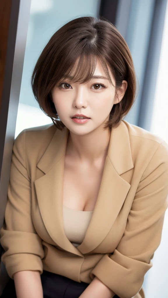 1woman, short hair, brown hair, brown eyes, secretary
