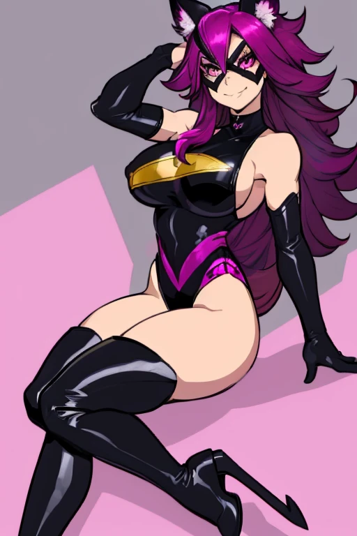female, black long hair with magenta trim, silver eyes, wolf ears, wolf tail, (((1girl))), (((black and magenta leotard))), (black clawed gauntlets), (black thigh high boots), (black eye mask), cute and sexy, full body, large breasts, long legs, smiling