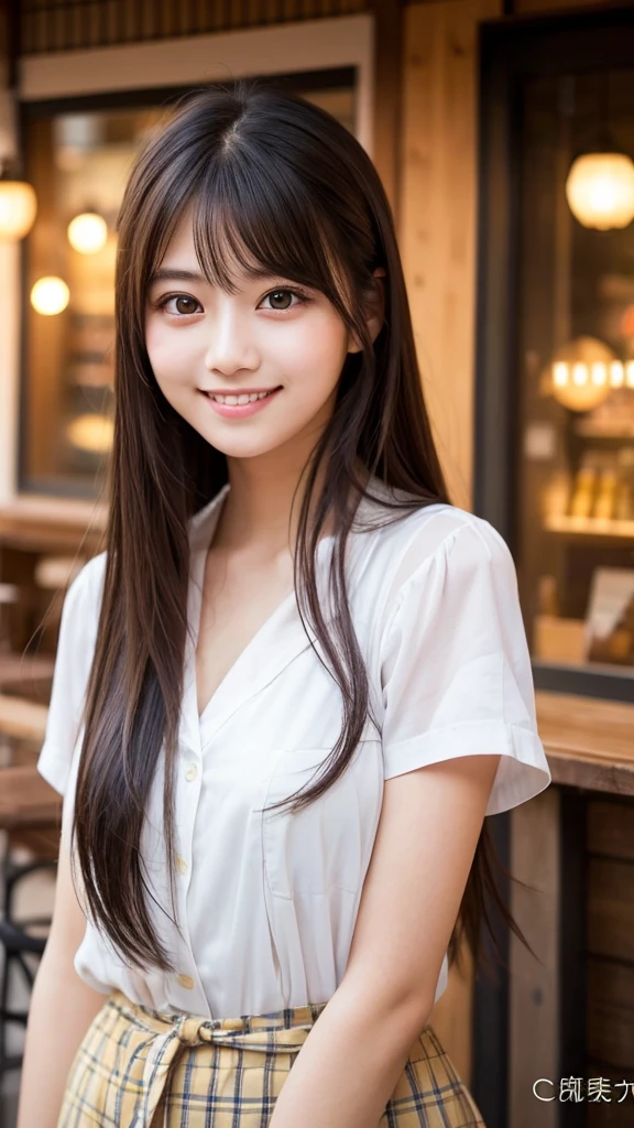 Cute girl working at a cafe terrace　Japanese　１９age　
Professional Lighting　Digital SLR　Beautiful and elaborate face　Perfect and beautiful face　Big eyes Smile