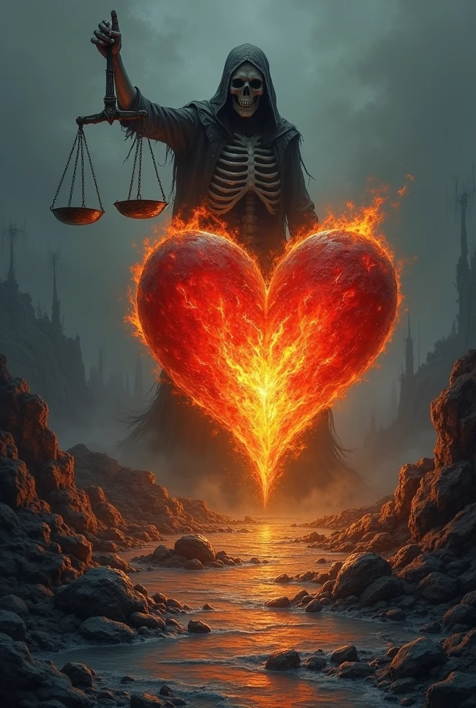 3. **"Constant love beyond death" by Francisco de Quevedo:**
- **Idea for drawing:** Imagine a scene where a burning heart floats above a desolate landscape, surrounded by ashes. The fire of the heart continues to burn brightly, Even though everything around him is cold and gloomy. A dark and frozen river tries to put out the fire, but the flames persist. In the background, a skeletal figure holds a scale, representing death, but the heart keeps beating strongly, showing that love transcends death.