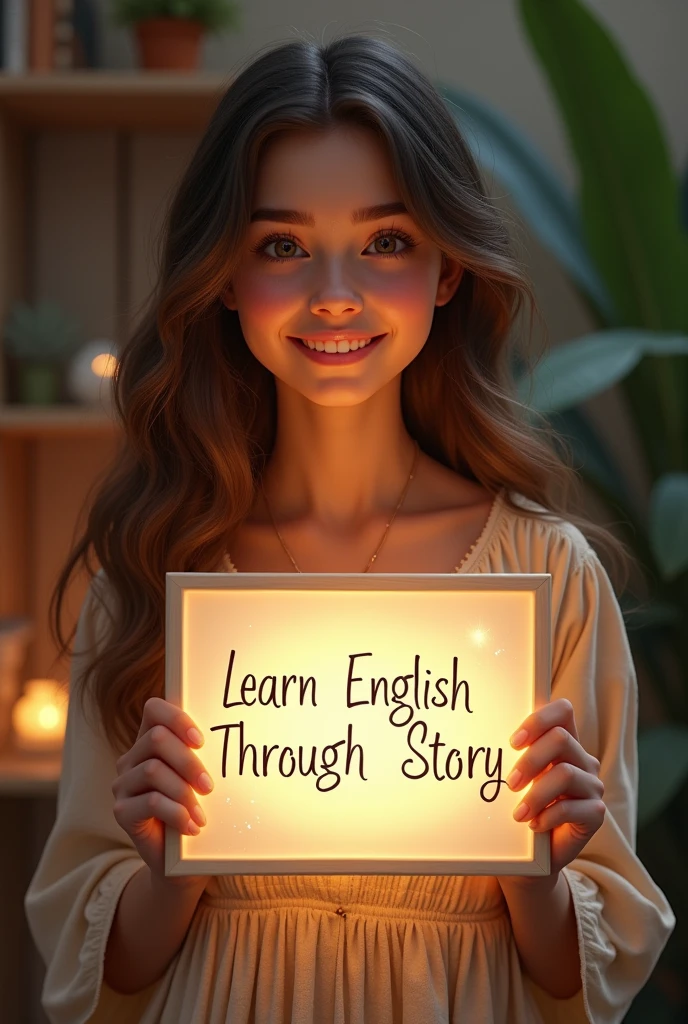 Beautiful girl with heart-warming smile and wavy long hair, bohemian dress, holding a white board with text "learn English Through Story" and showing it to the viewer, the board is glowing with a the text.Different quality girl.