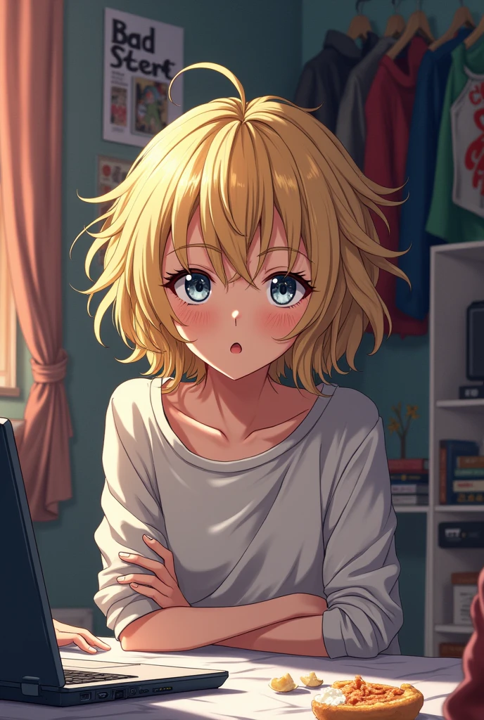 One Woman, Silver Eyes, Blonde Hair, Messy room, 18-year-old, Anime Style