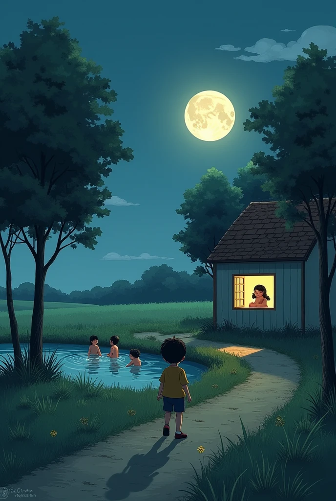 There is a house in the field and a path is made from the house, a boy is going on that path on a moonlit night, there are 3, 4 trees beside the path and one tree near the house, there is a pond behind the house in which 4  are bathing The window of the house is open, a girl is looking through the window 