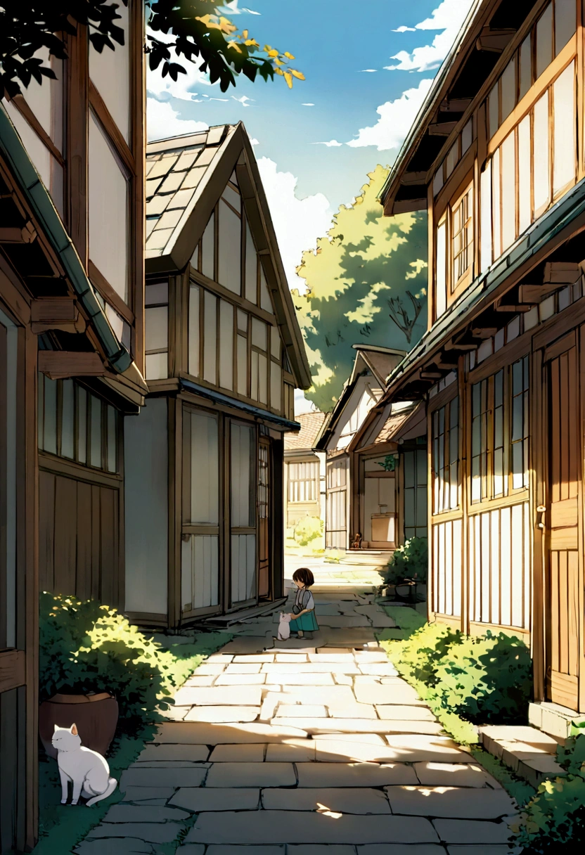 Generate a nostalgic anime-style image of a peaceful Japanese village setting during the early morning or late afternoon. The scene includes a quiet residential street or park, with traditional wooden houses, stone paths, and lush greenery. Children are seen playing or walking with a small white cat, creating a sense of warmth and tranquility. The lighting is soft, with gentle shadows, evoking a sense of calm and quietude. The perspective varies from top-down views of pathways to side views of narrow alleys, capturing the intimate, everyday moments of life in a rural village. The overall color palette should include soft blues, greens, and warm earth tones to emphasize the serene atmosphere. The style should resemble classic hand-drawn anime from the late 20th century, with subtle details and a focus on natural beauty.