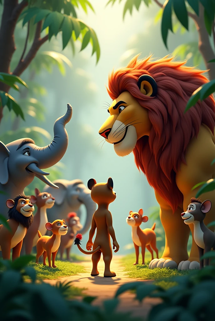 3d animation cartoon "All jungle animals confronting the lion together**, with Kaashi bravely standing in front, speaking to the lion, while the others stand supportively behind him.