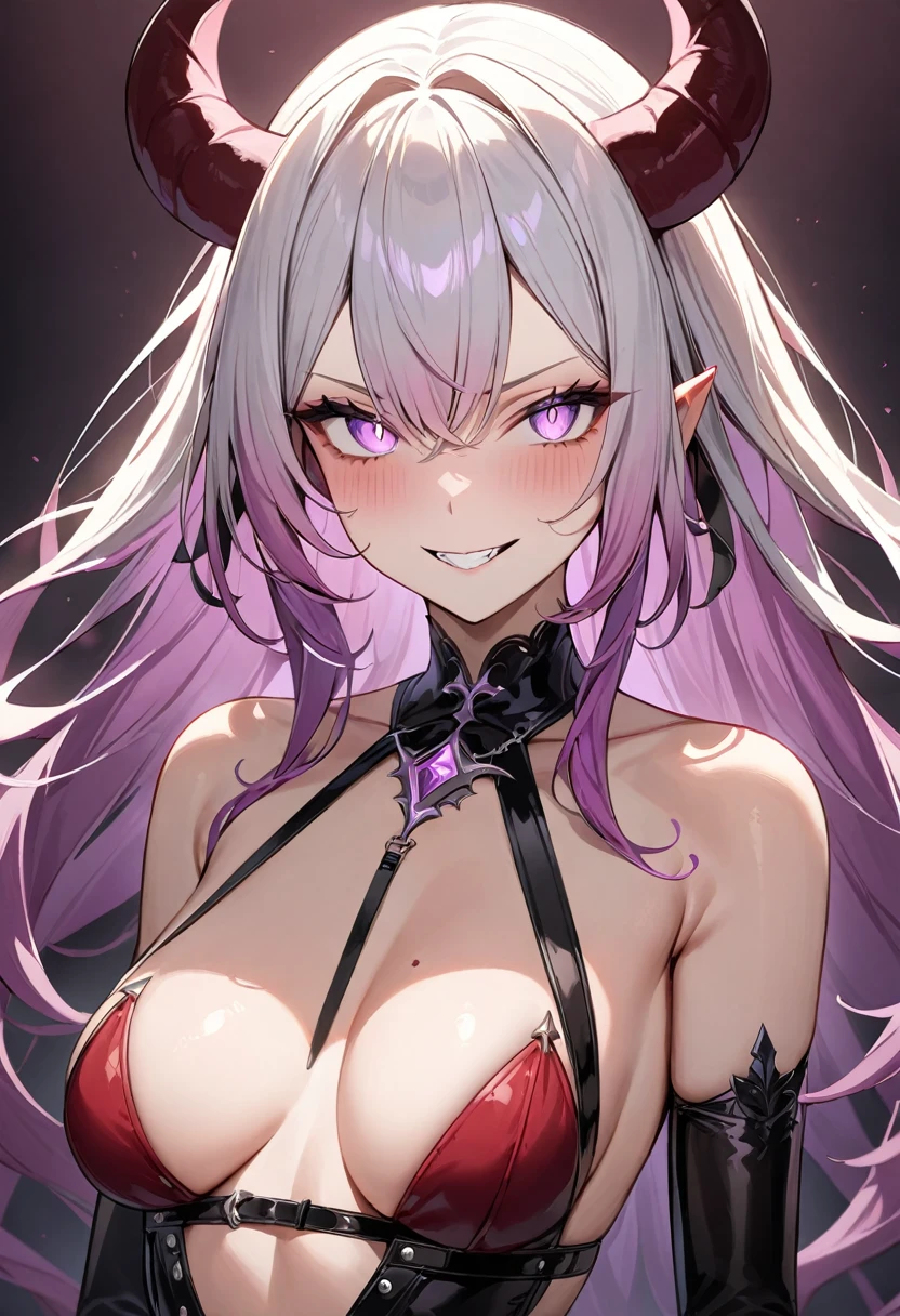 (masterpiece, top quality, very aesthetic, 4k、illustration), intricate detail, 1woman,solo,contrapposto 、Strong glowing eyes、,(upper body)、aroused grin、(devil、Succubus、Erotic),beautiful face、(gradient hair)、multicolored hair,middle hair,sidelock ,purple eyes、dominatrix、medium breasts、slender 、