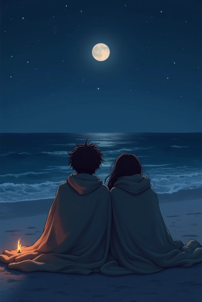 I would like to create an image where a couple of friends can be seen, sitting in front of the beach at night, covered in a blanket