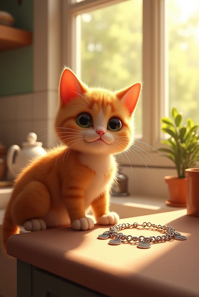 "One sunny afternoon, while her owner, Mrs. Thompson, was busy baking in the kitchen, Whiskers noticed something sparkling on the windowsill. It was Mrs. Thompson's favorite bracelet, a shiny silver chain with tiny charms that jingled when touched."