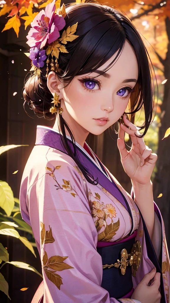 a woman in a purple long-sleeve kimono,beautiful detailed eyes,beautiful detailed lips,extremely detailed eyes and face,longeyelashes,woman in japanese hairstyle,autumn leaves,autumn flowers,autumn plants,art nouveau style,fresh gold background,vibrant colors,detailed foliage,detailed kimono,dramatic lighting,magical realism,digital painting,ultra-detailed,8k,photorealistic,professional,stunning
